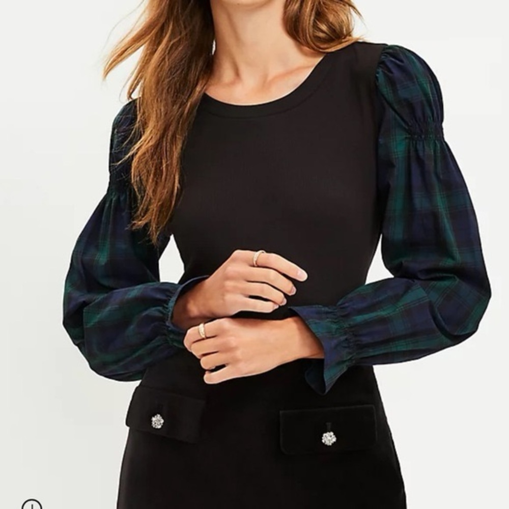 NEW LOFT Mixed Media Plaid Puff Sleeve Shirt Top Ribbed Bodice XS 621 - Picture 1 of 9